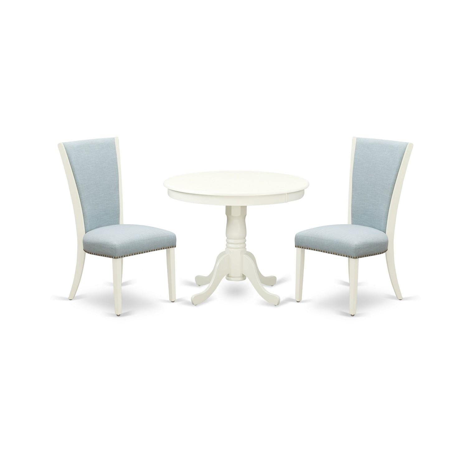 East West Furniture Anve3-Lwh-15 3 Piece Dining Table Set Contains A Round Dining Room Table With Pedestal And 2 Baby Blue Linen Fabric Upholstered Chairs, 36X36 Inch, Linen White